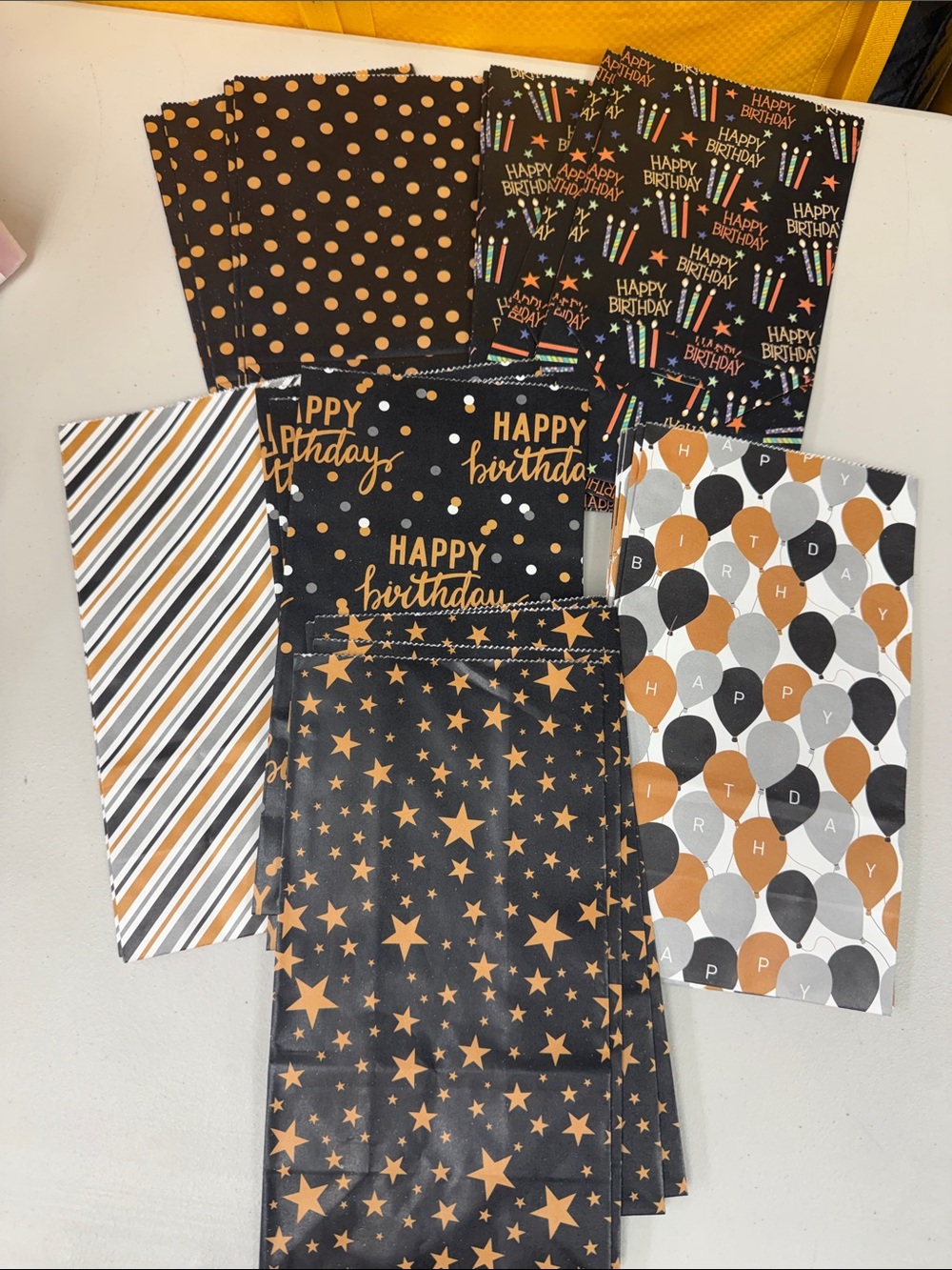 23 Count Decorative Paper Bags Happy Birthday Striped Stars Dots gold 4x5x3 new